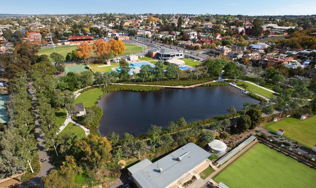 Concept for Municipal Baths redevelopment, including a lakeside loop track and boardwalk