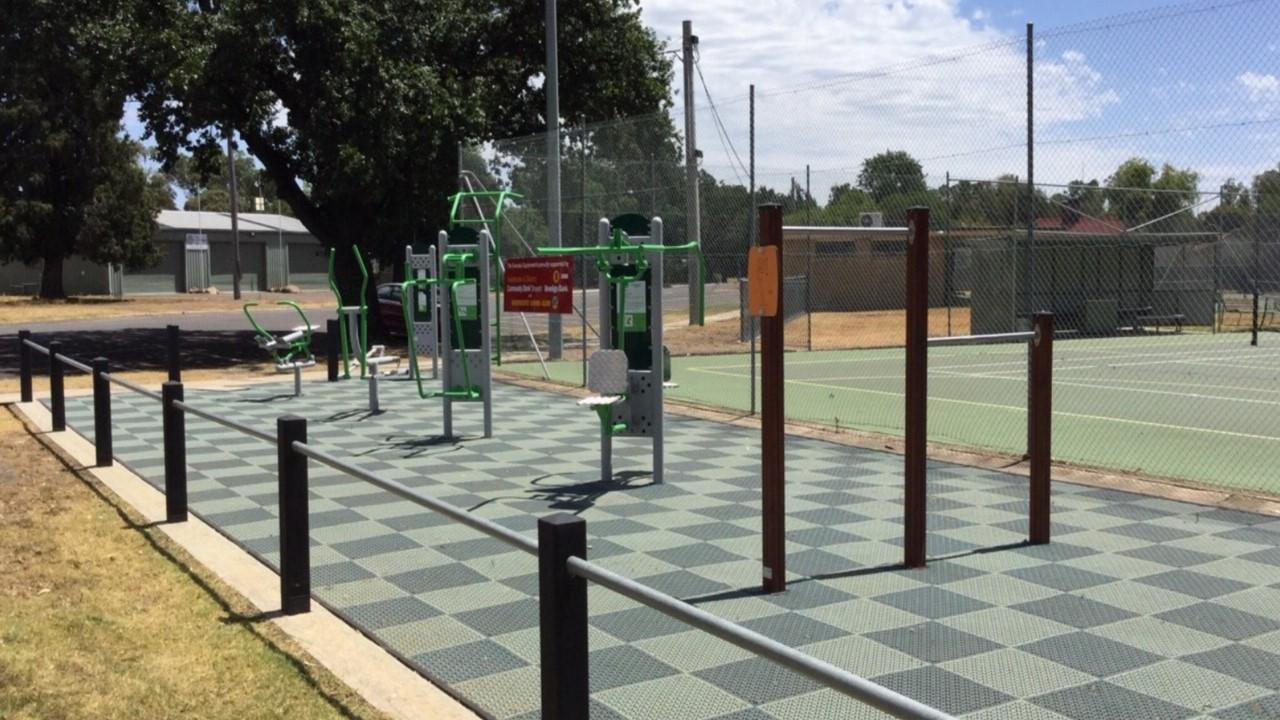 Outdoor exercise equipment in Heathcote on grey rubber matting