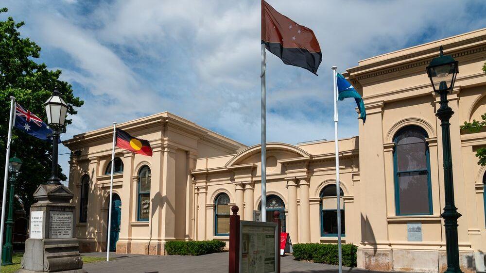 Flags displayed in front of the Heathcote Civic Precinct.