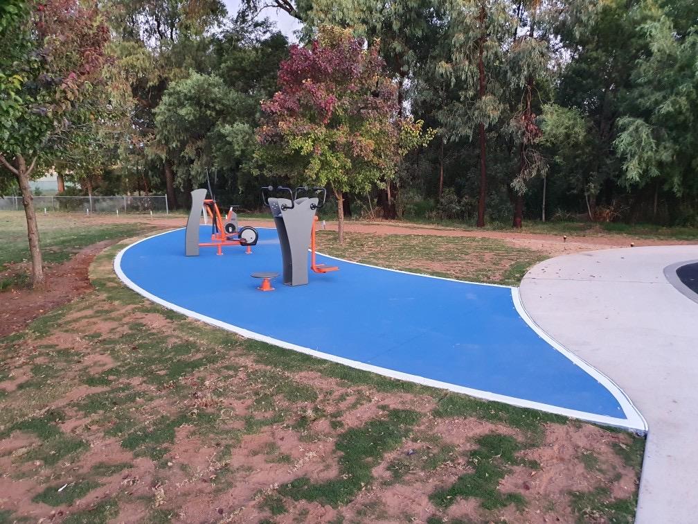3 pieces of outdoor fitness equipment on blue paving with trees in the background