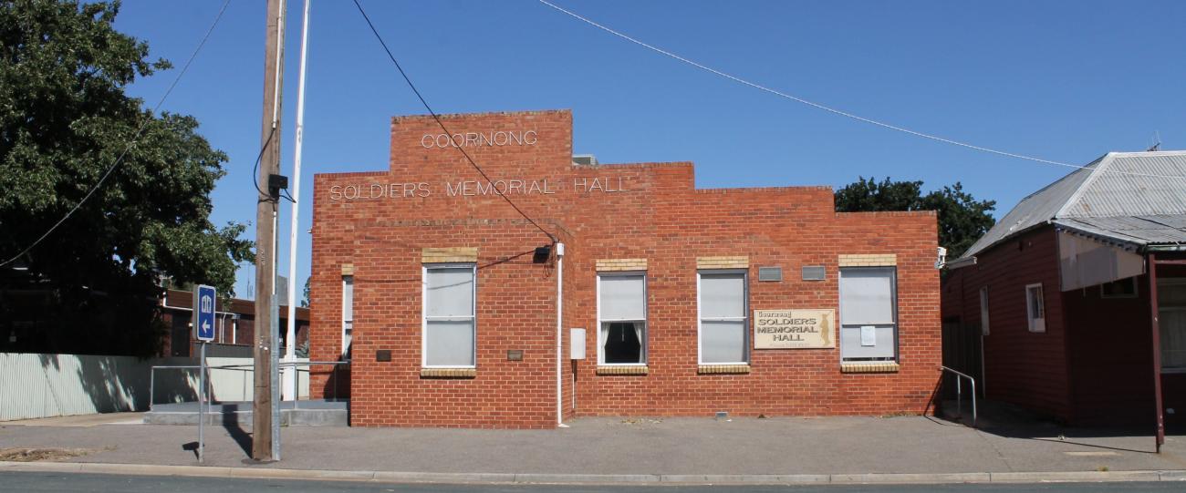 The Goornong Memorial Hall is a tall brick building located on the main street through Goornong.