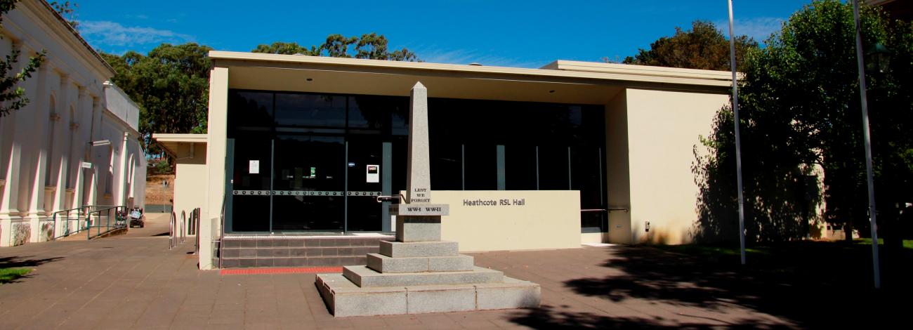 The Heathcote RSL Hall and war memorial, located along High St, Heathcote.