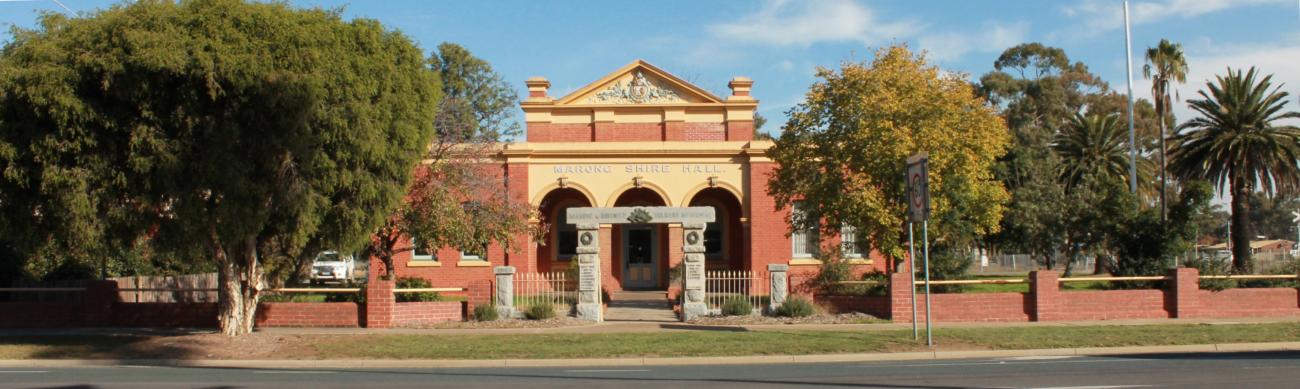 The Marong Historic Shire Hall is a large, red brick building in the centre of Marong, which housed the former Marong Shire Council prior to amalgamation in 1994. Nowadays the hall is an open space available for community use.
