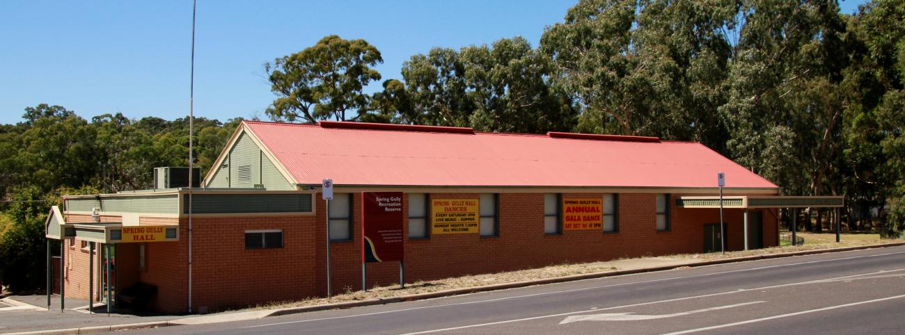 The Spring Gully Hall is a brick veneer building, located along Spring Gully Rd and next to the Spring Gully Cricket Ground.
