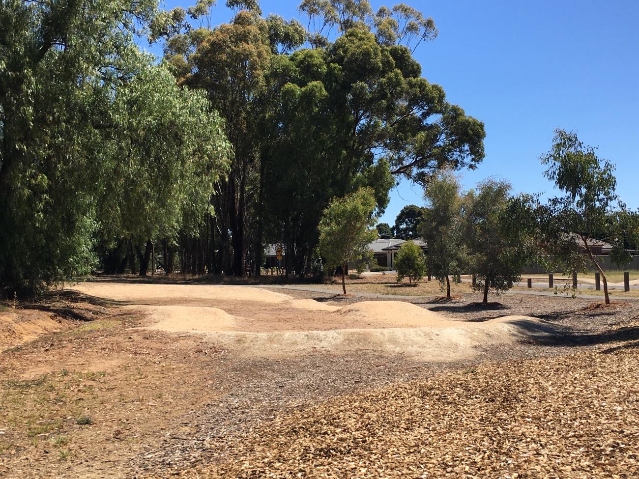 A kidney shaped dirt BMX circuit with low jumps