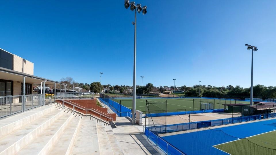 View from the stairs at the Bendigo Regional Hockey Complex looking over the pitches.