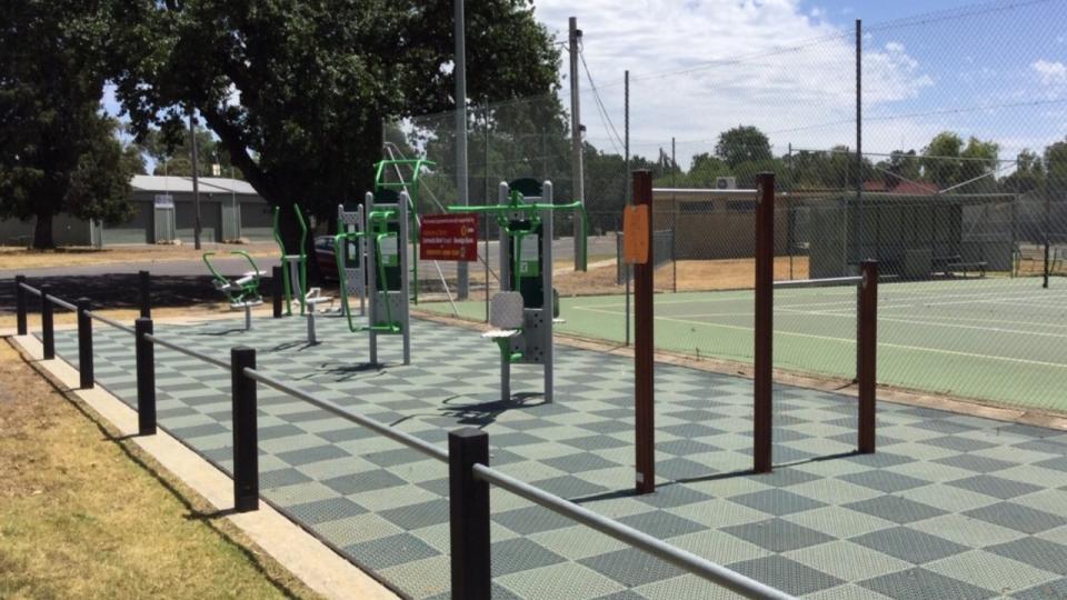 Outdoor exercise equipment in Heathcote on grey rubber matting