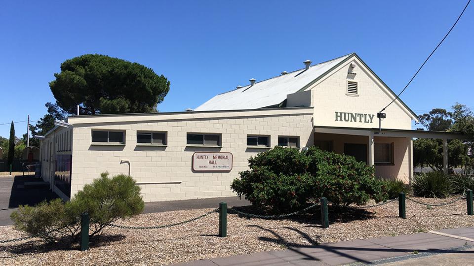 The Huntly Memorial Hall and front verandah, located on the Midland Hwy across from the Huntly Historic Shire Offices.