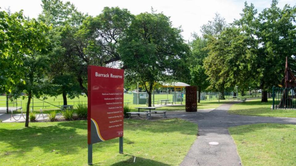 Sign with a list of local sports clubs at Barrack Recreation Reserve