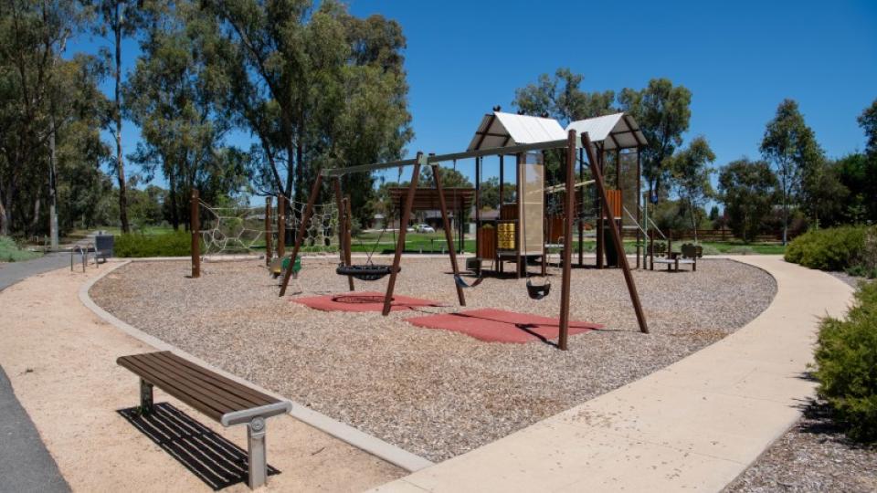 Play equipment and path at Charolais Court playspace