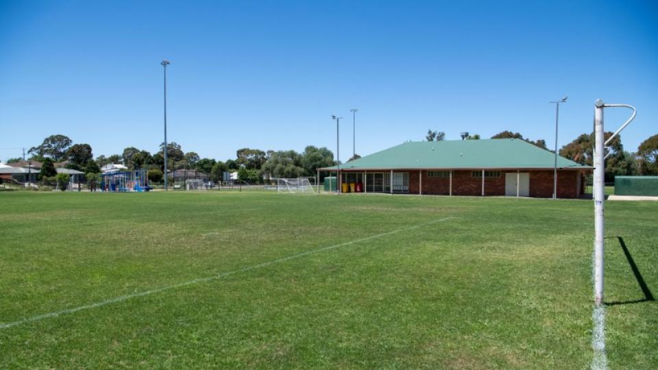 Soccer pitch and building at Truscott Recreation Reserve