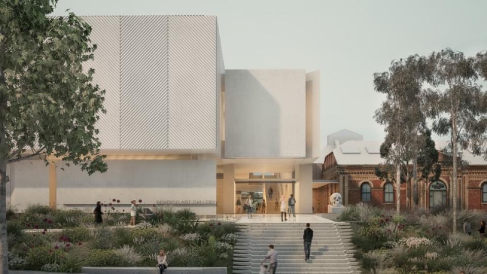 People walking up steps towards entrance of completed Bendigo Art Gallery expansion