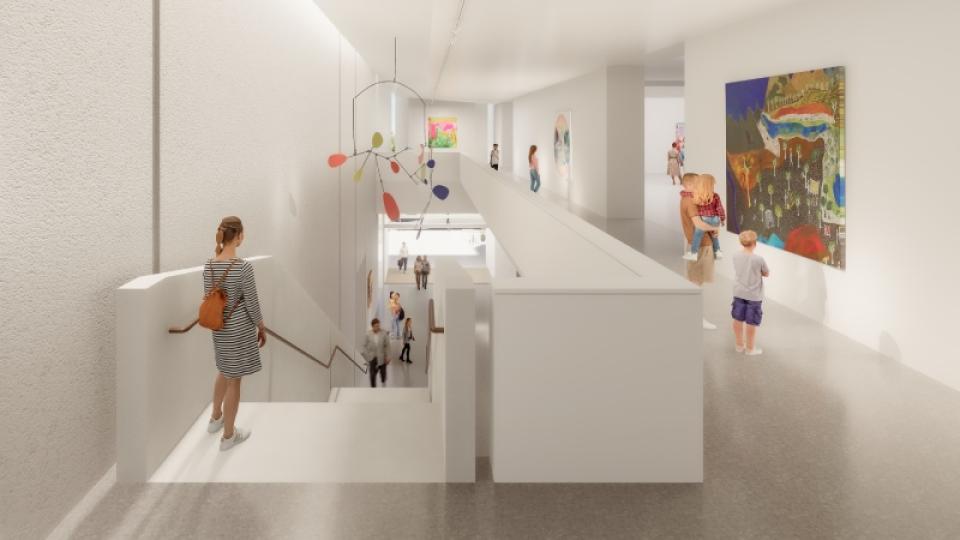 People walking through the inside of the completed Bendigo Art Gallery expansion