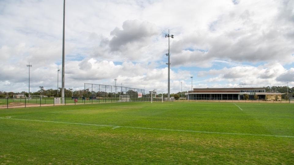 Soccer pitch and building at Epsom Huntly Recreation Reserve