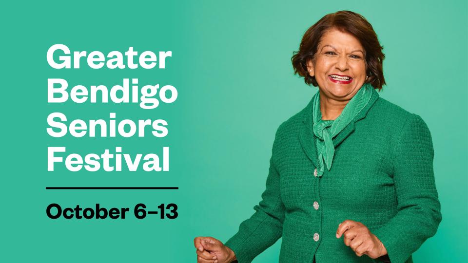 Text acknowledging date of the Seniors Festival with a lady standing beside it smiling.