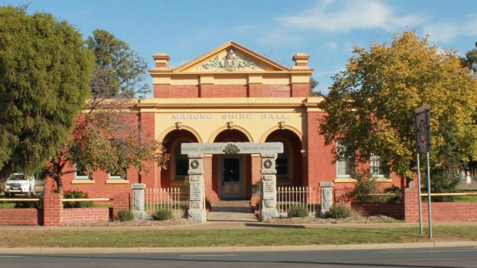 The Marong Historic Shire Hall is a large, red brick building in the centre of Marong, which housed the former Marong Shire Council prior to amalgamation in 1994. Nowadays the hall is an open space available for community use.