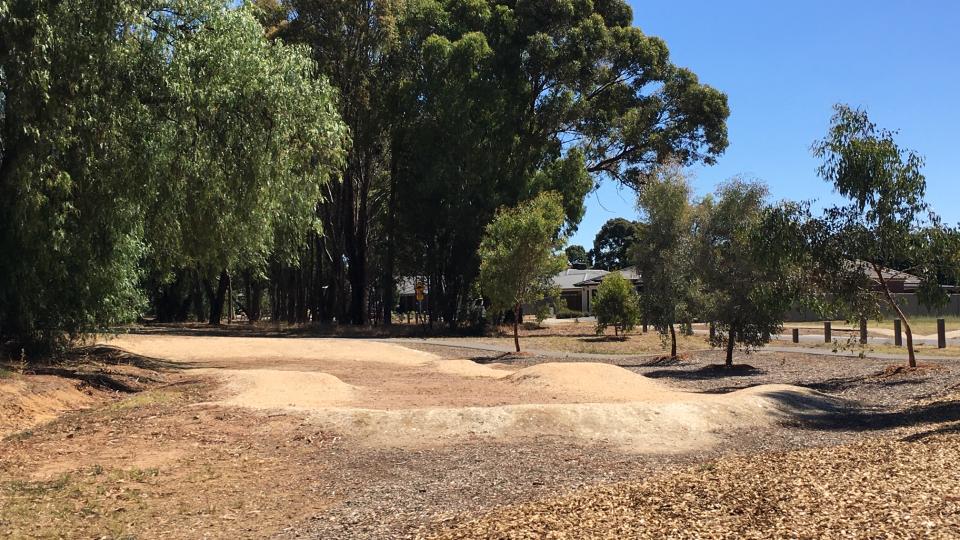 A kidney shaped dirt BMX circuit with low jumps